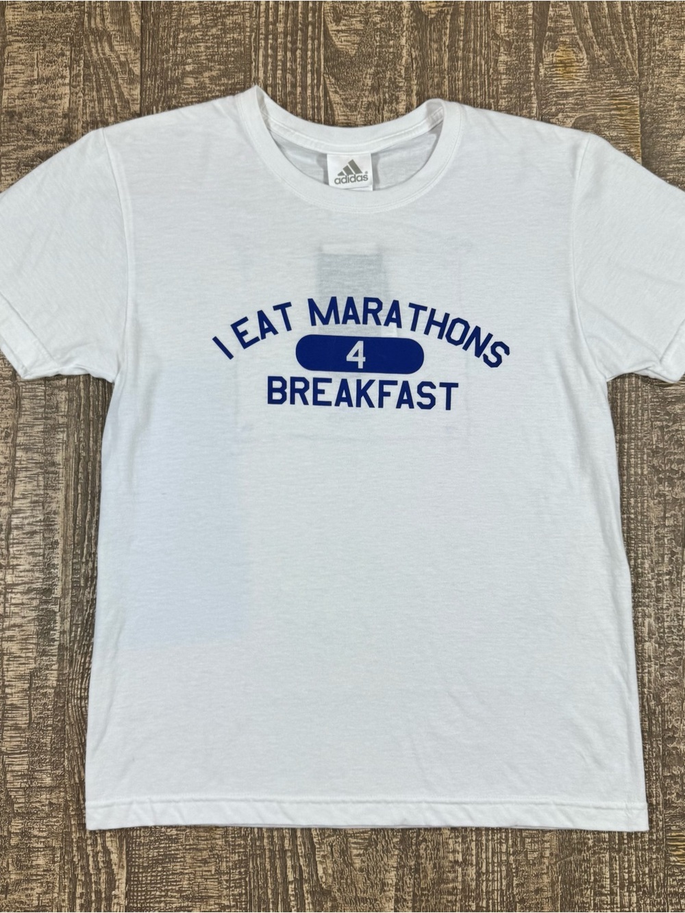 NWT Adidas Men’s White Graphic Tee - "I Eat Marathons 4 Breakfast"